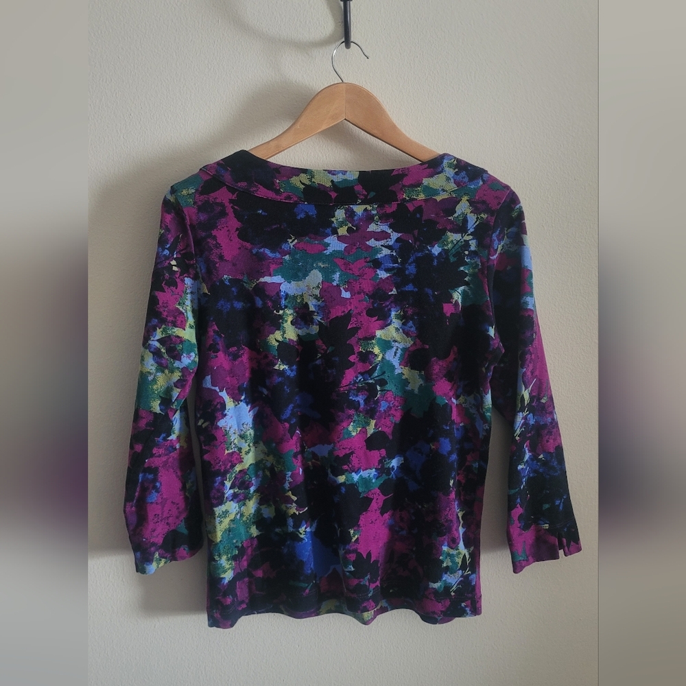 Rafaella Floral Watercolor Top, Women's M, Jewel Tones Blue, Green & Purple - Picture 7 of 9